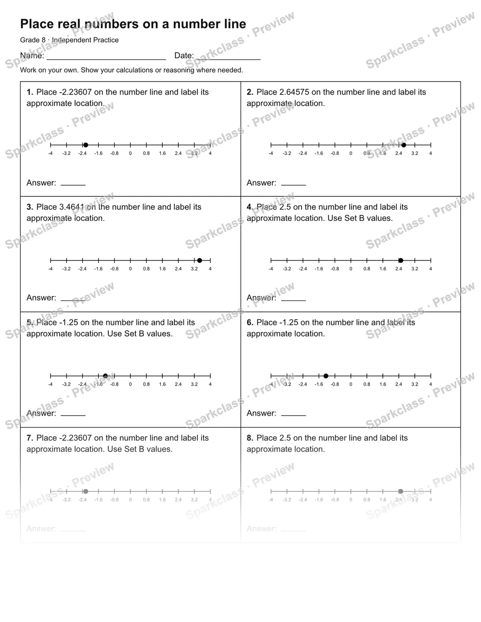 Place real numbers on a number line — Independent Practice — Grade 8 worksheet preview