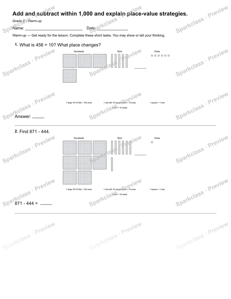 Add and subtract within 1,000 and explain place-value strategies. — Warm-up — Grade 2 worksheet preview