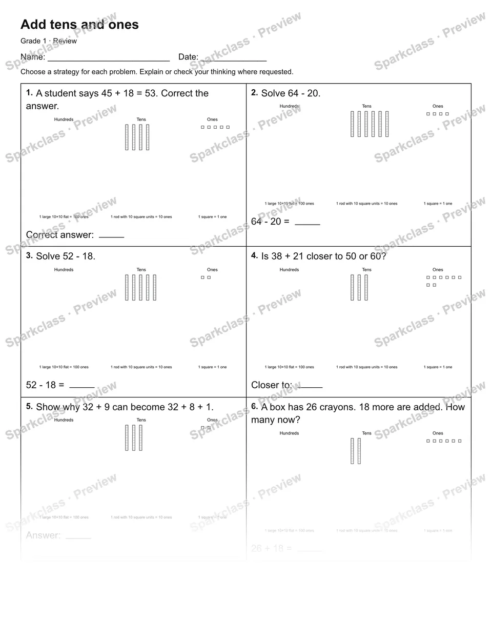 Add tens and ones — Review — Grade 1 worksheet preview