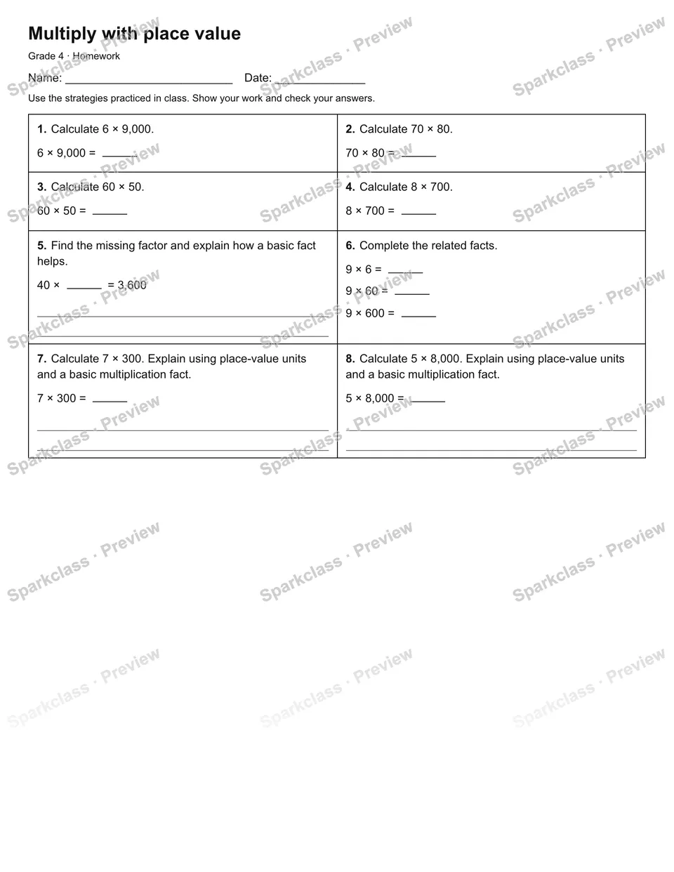 Multiply with place value — Homework — Grade 4 worksheet preview