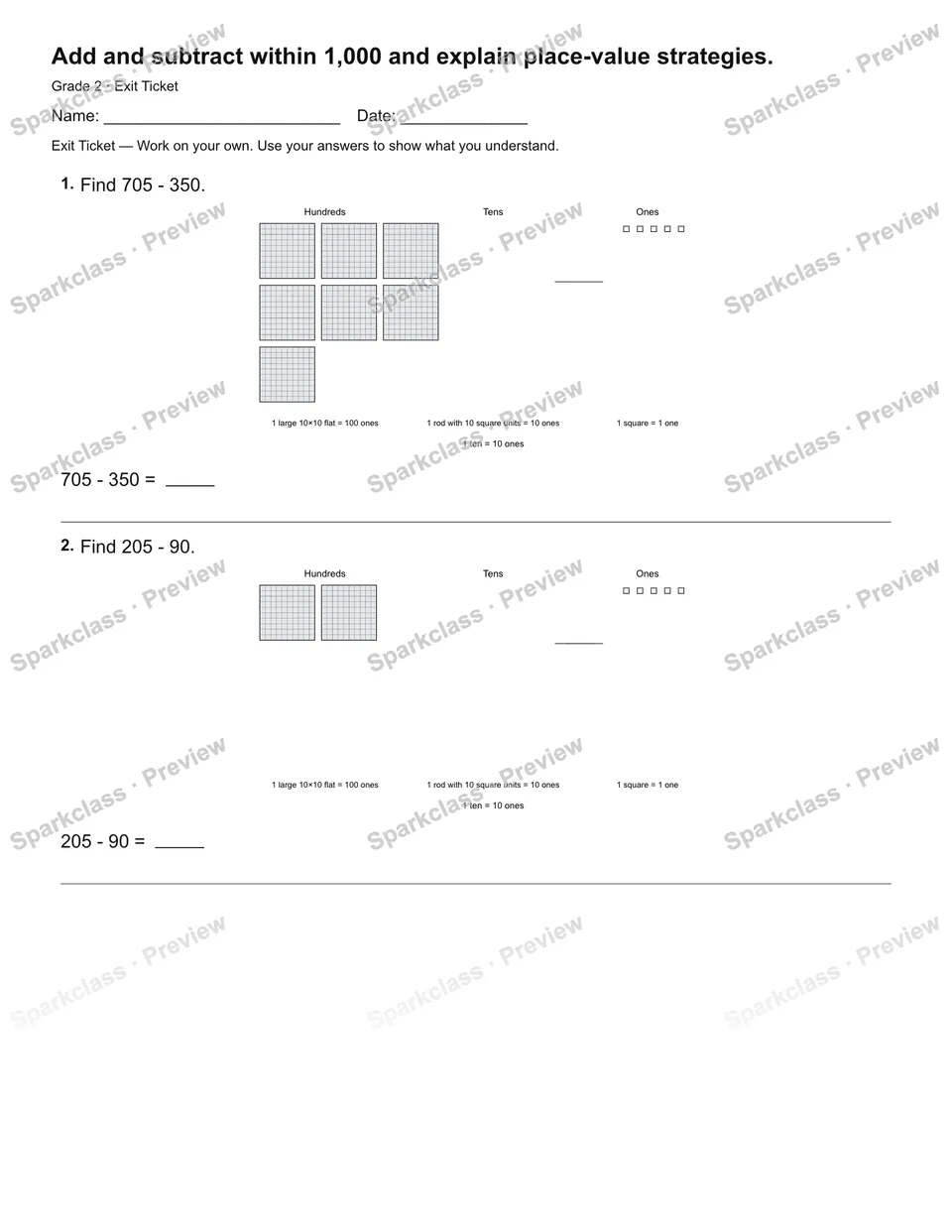 Add and subtract within 1,000 and explain place-value strategies. — Exit Ticket — page 2