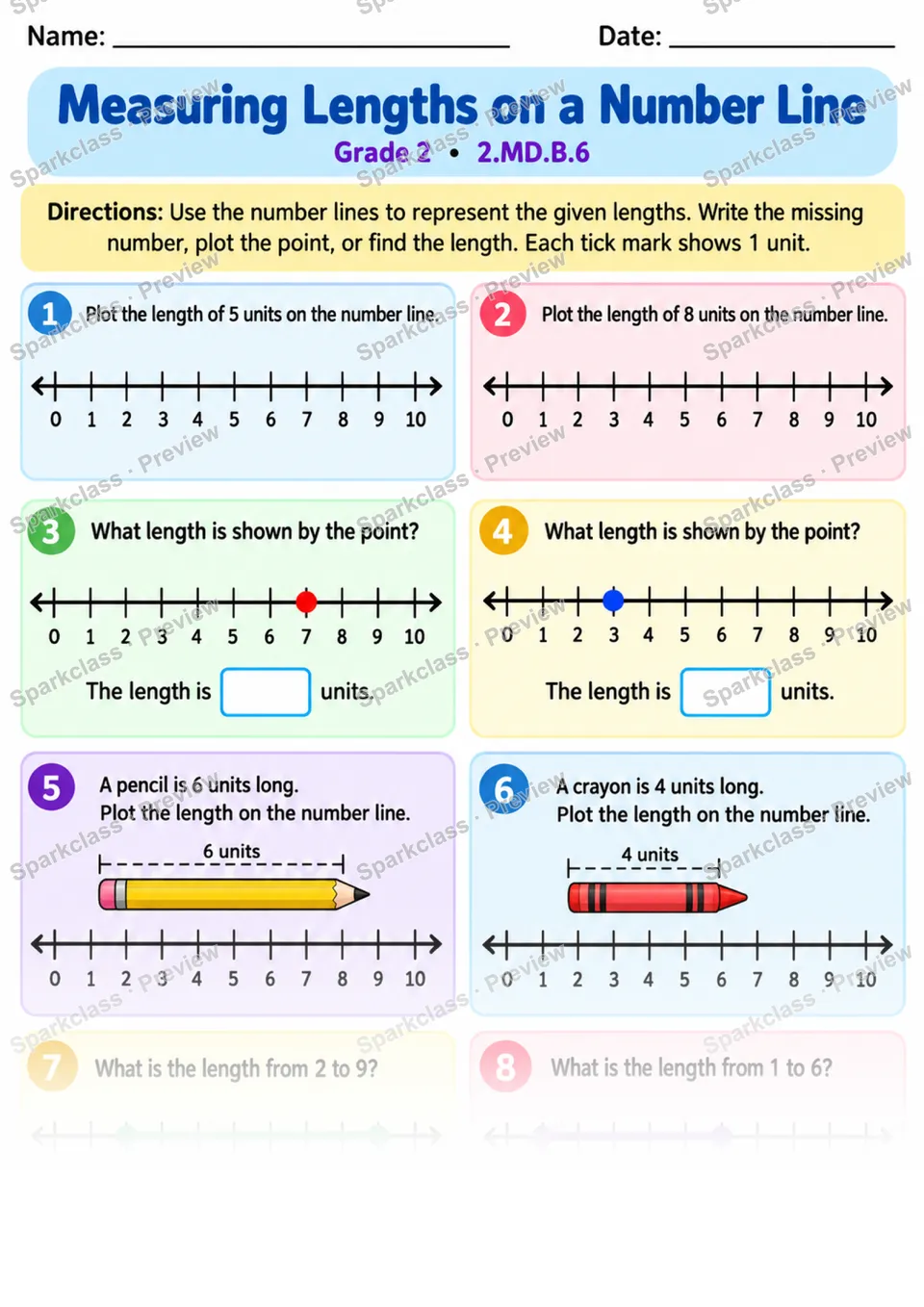 2.MD.B.6 · Length Number Line Warmup — Grade 2 worksheet preview