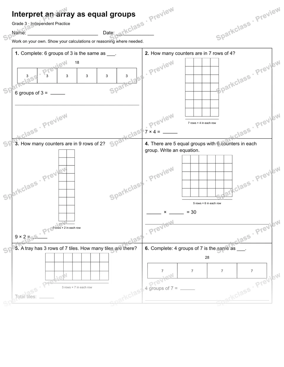 Interpret an array as equal groups — Independent Practice — Grade 3 worksheet preview