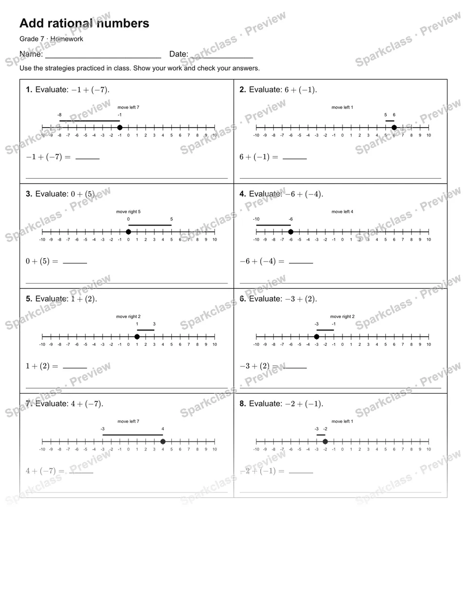 Add rational numbers — Homework — Grade 7 worksheet preview