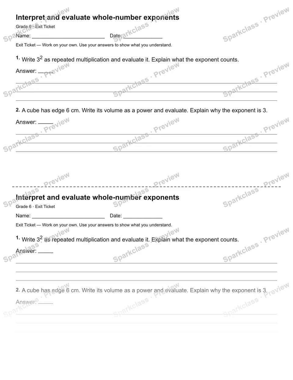 Interpret and evaluate whole-number exponents — Exit Ticket — Grade 6 worksheet preview