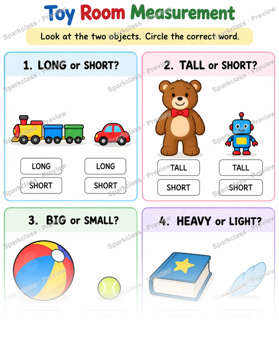 Basic Describe Attributes · Toy Room — Kindergarten worksheet preview