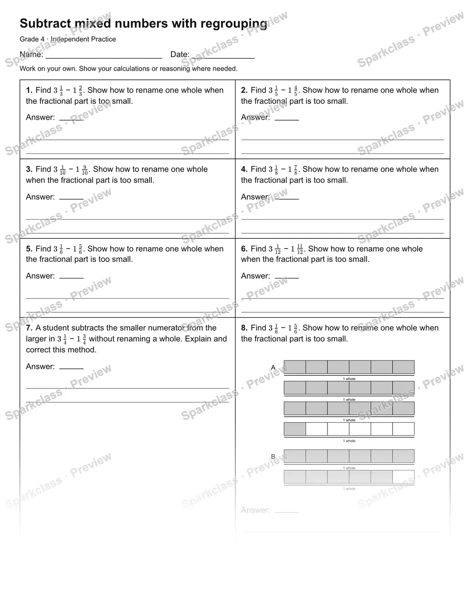 Subtract mixed numbers with regrouping — Independent Practice — Grade 4 worksheet preview