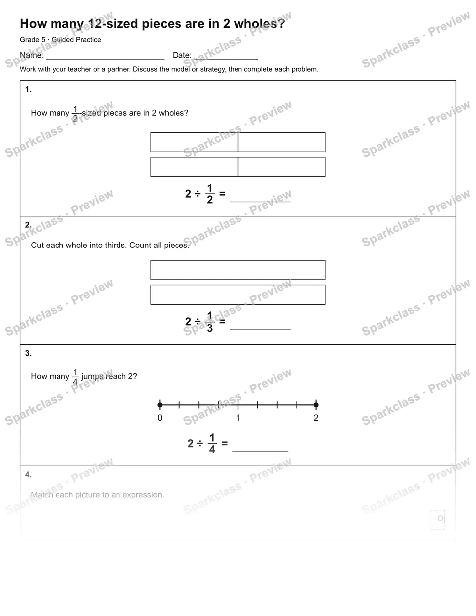 How many 12-sized pieces are in 2 wholes? — Guided Practice — Grade 5 worksheet preview
