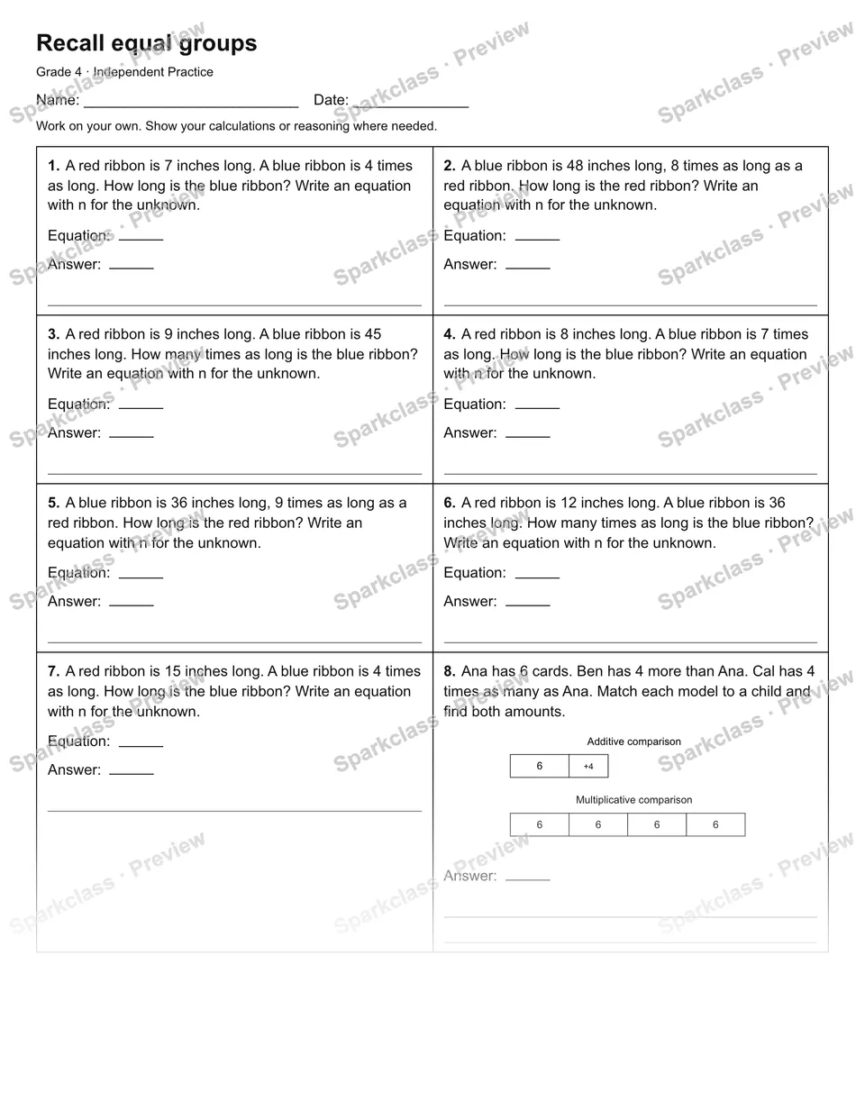 Recall equal groups — Independent Practice — Grade 4 worksheet preview