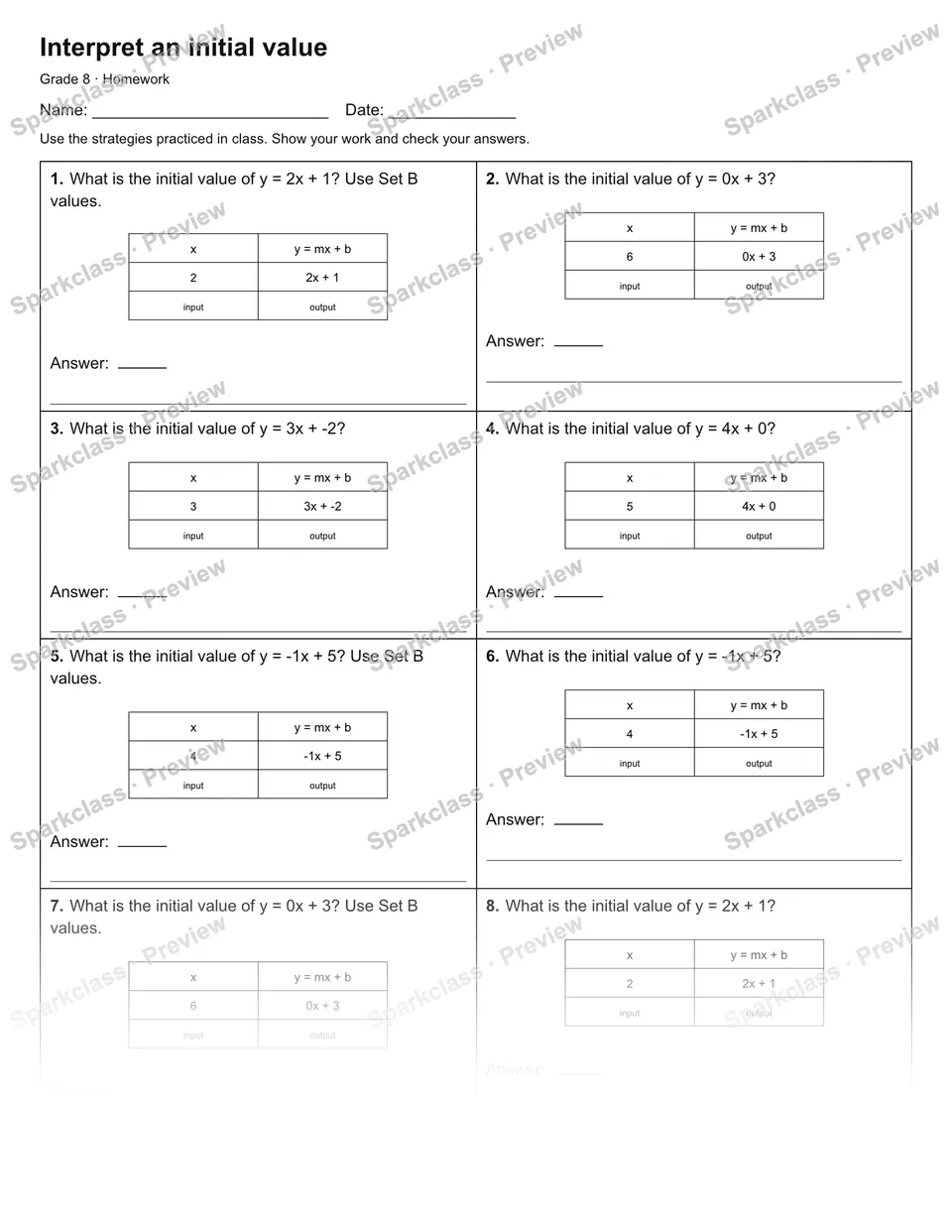 Interpret an initial value — Homework — Grade 8 worksheet preview