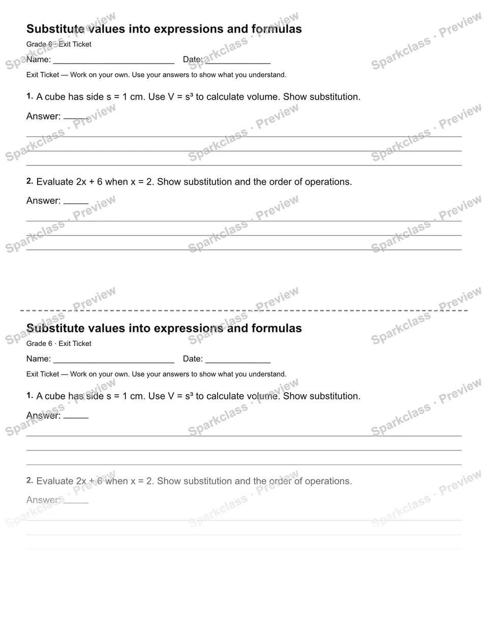 Substitute values into expressions and formulas — Exit Ticket — Grade 6 worksheet preview