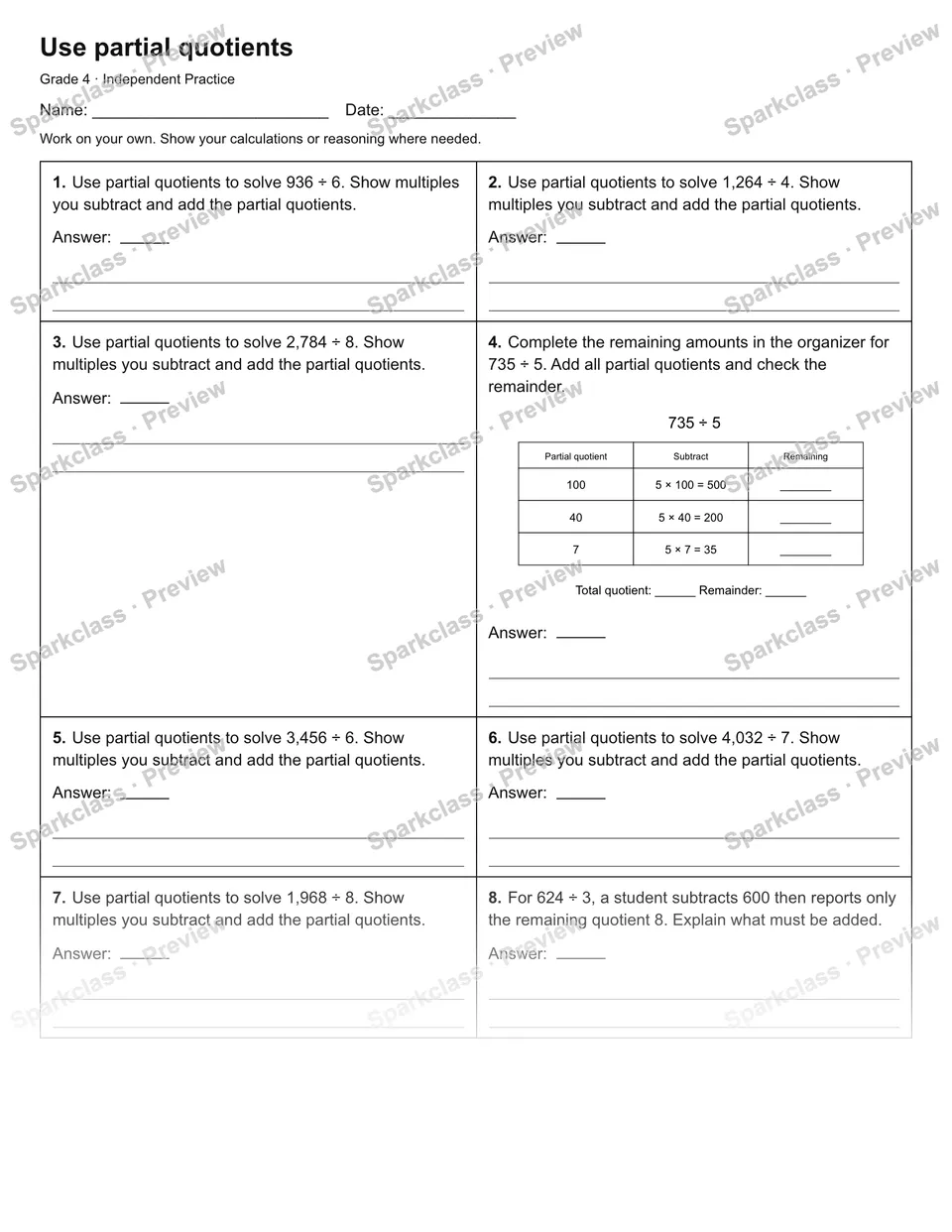 Use partial quotients — Independent Practice — Grade 4 worksheet preview