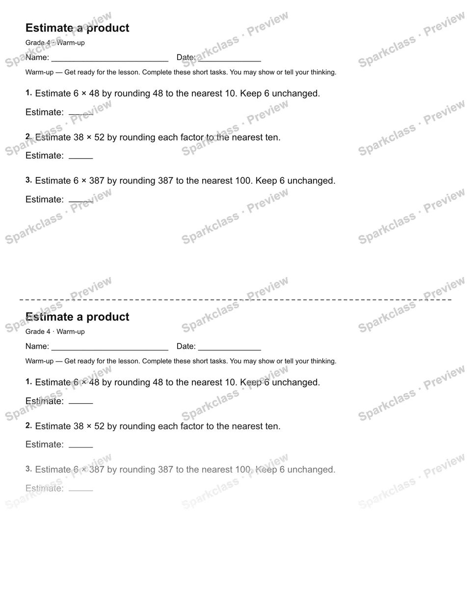 Estimate a product — Warm-up — Grade 4 worksheet preview
