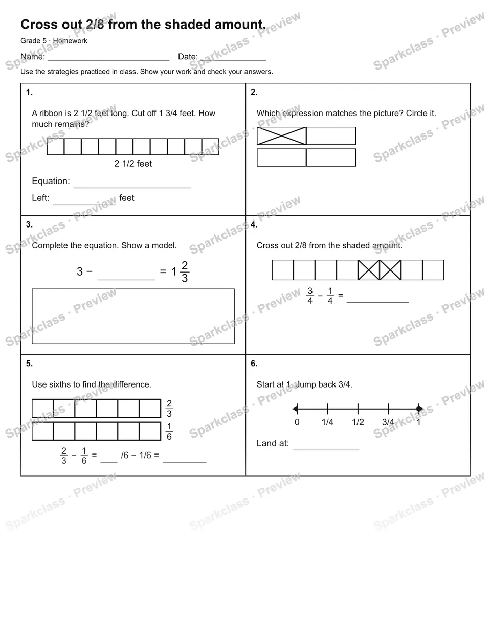 Cross out 2/8 from the shaded amount. — Homework — Grade 5 worksheet preview