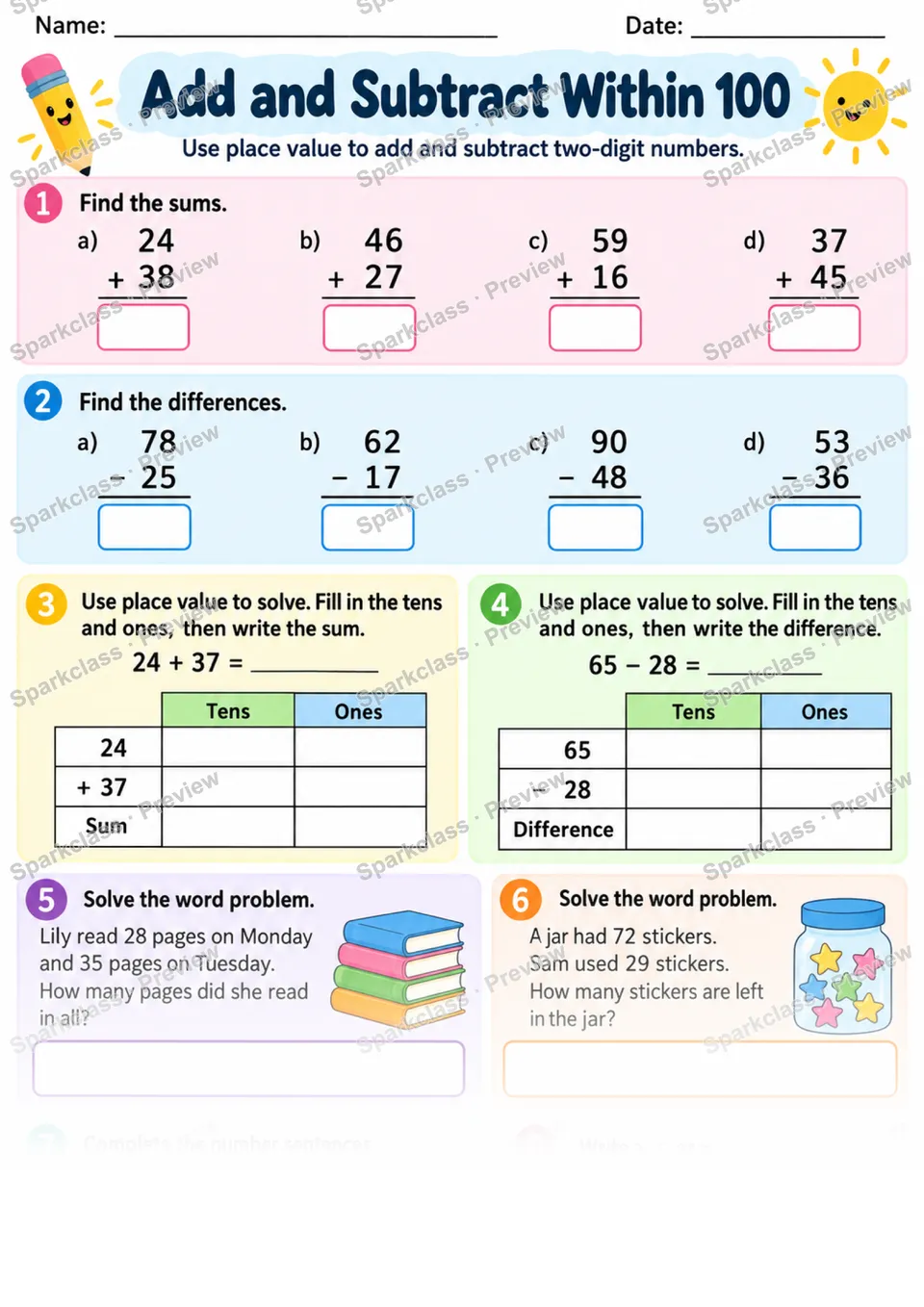 2.NBT.B.5 · Add Subtract Within 100 — Grade 2 worksheet preview