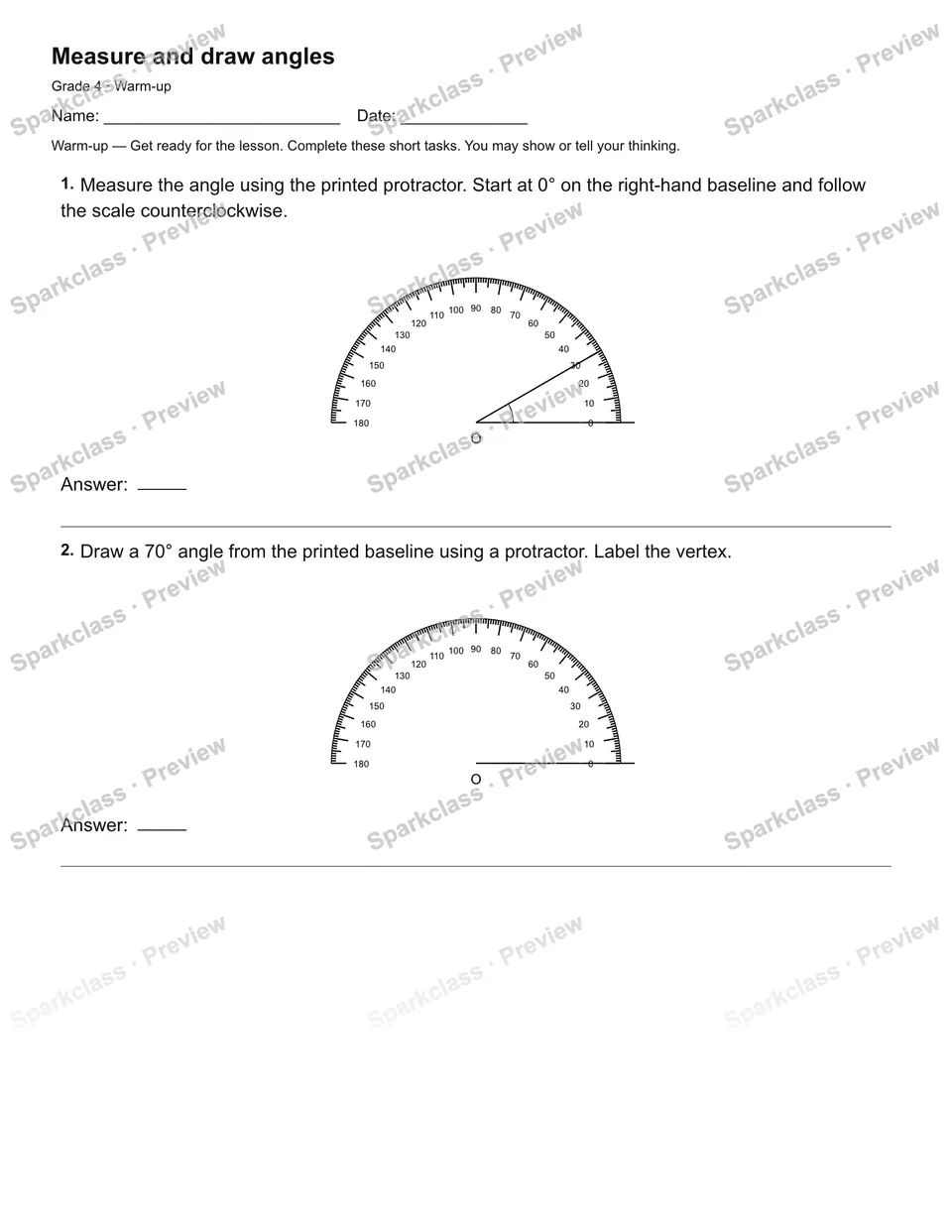 Measure and draw angles — Warm-up — Grade 4 worksheet preview