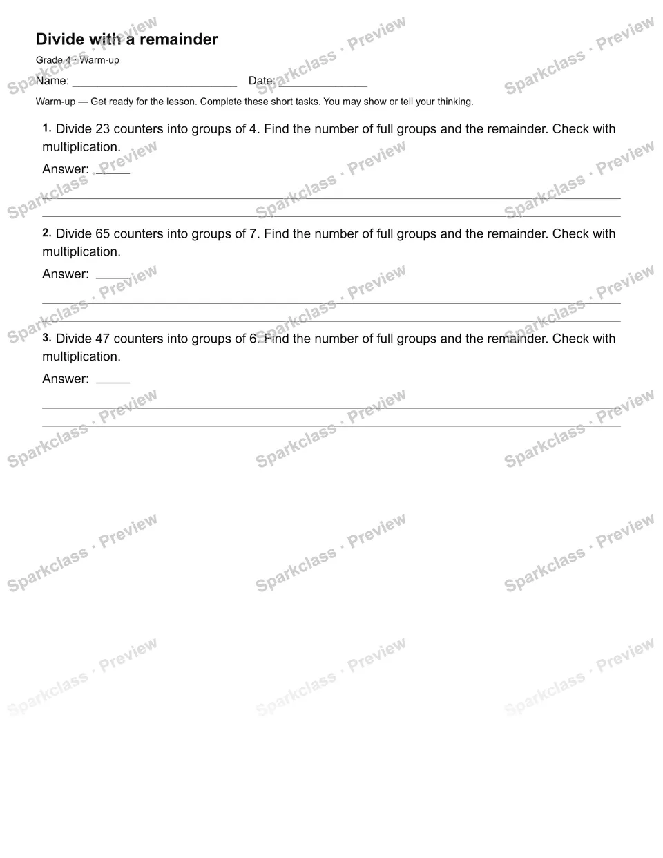 Divide with a remainder — Warm-up — Grade 4 worksheet preview