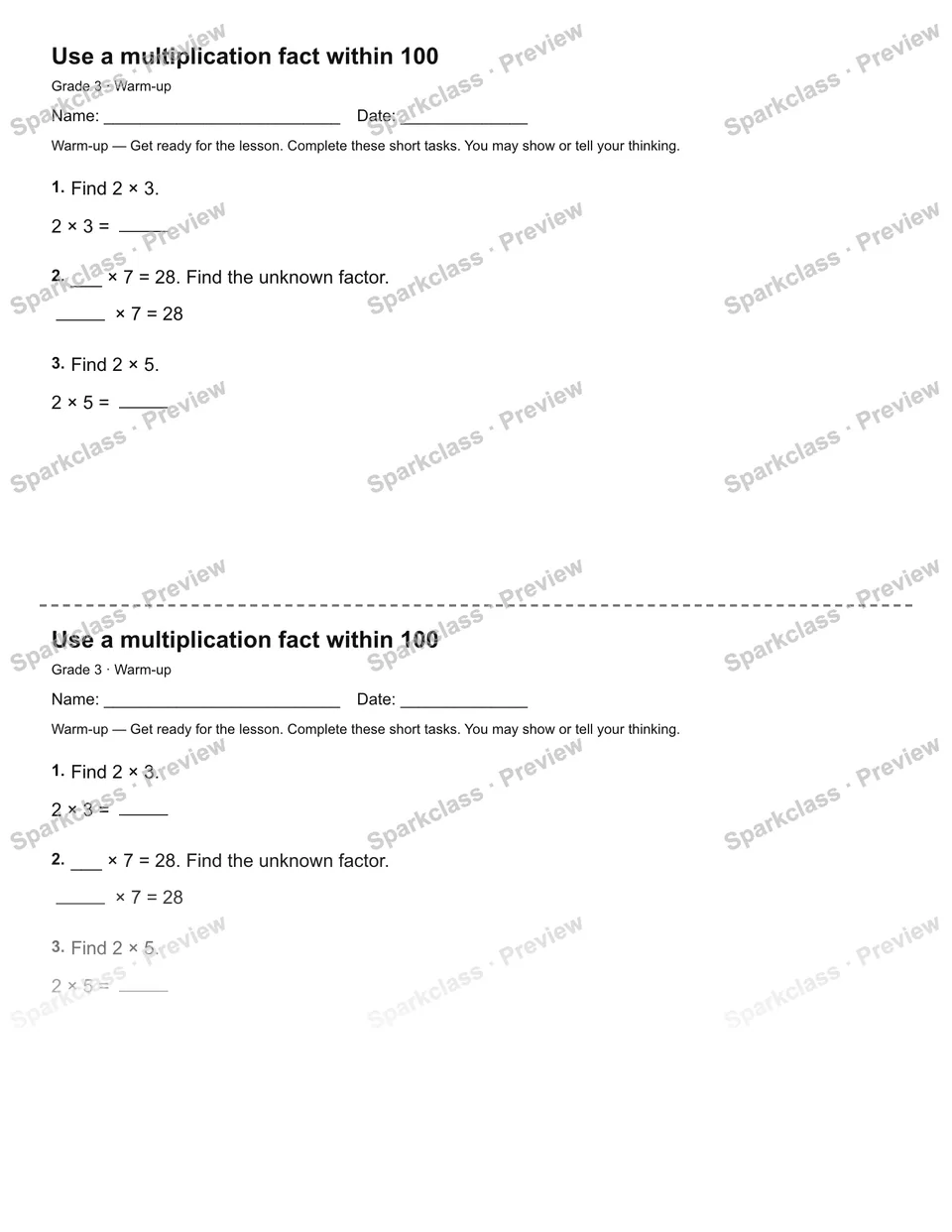 Use a multiplication fact within 100 — Warm-up — Grade 3 worksheet preview