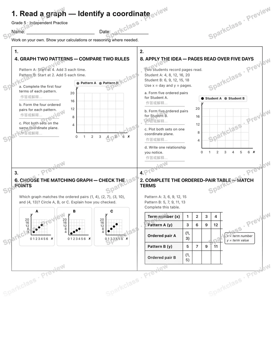 1. Read a graph — Identify a coordinate — Independent Practice — Grade 5 worksheet preview