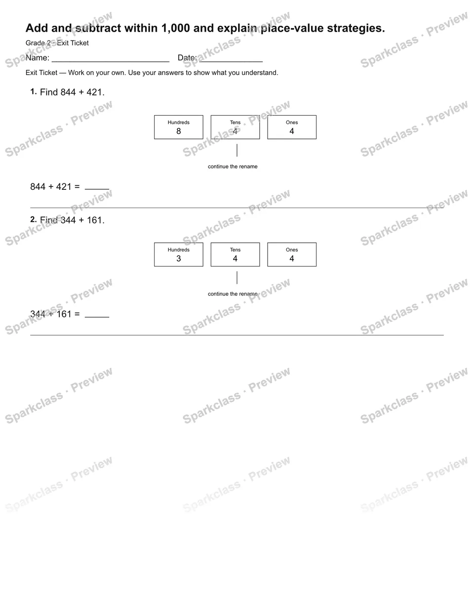 Add and subtract within 1,000 and explain place-value strategies. — Exit Ticket — page 2