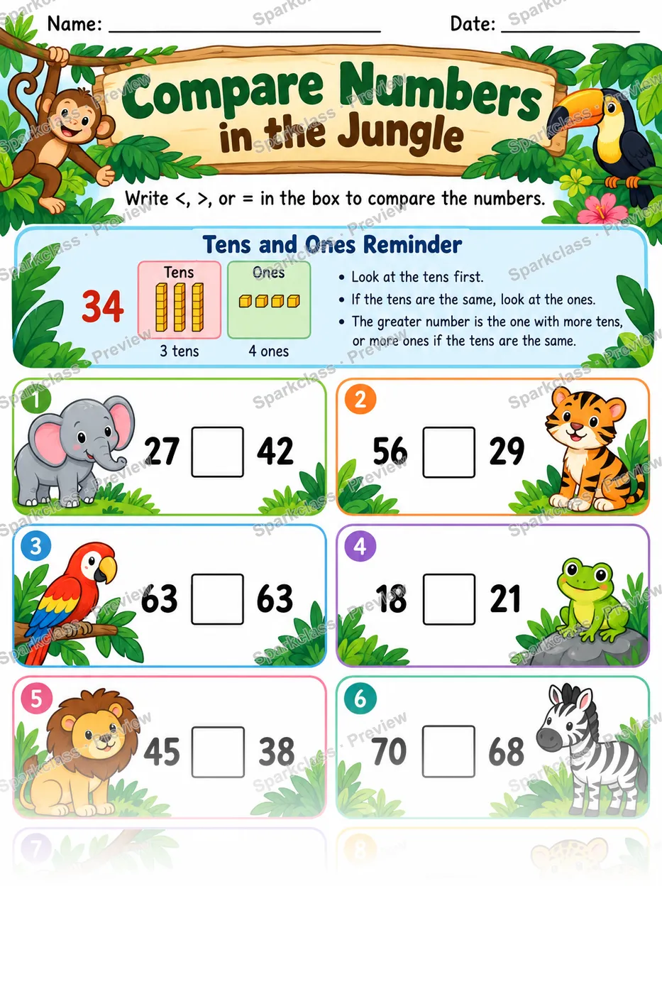 Compare Numbers Jungle — Grade 1 worksheet preview
