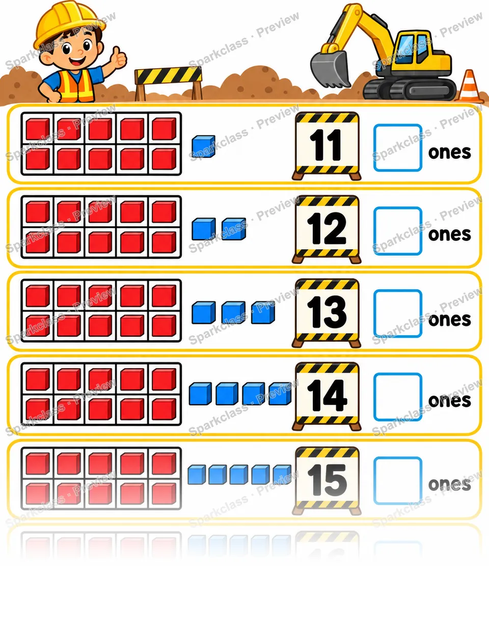 Basic One Ten and Some Ones · 11–19 — Kindergarten worksheet preview