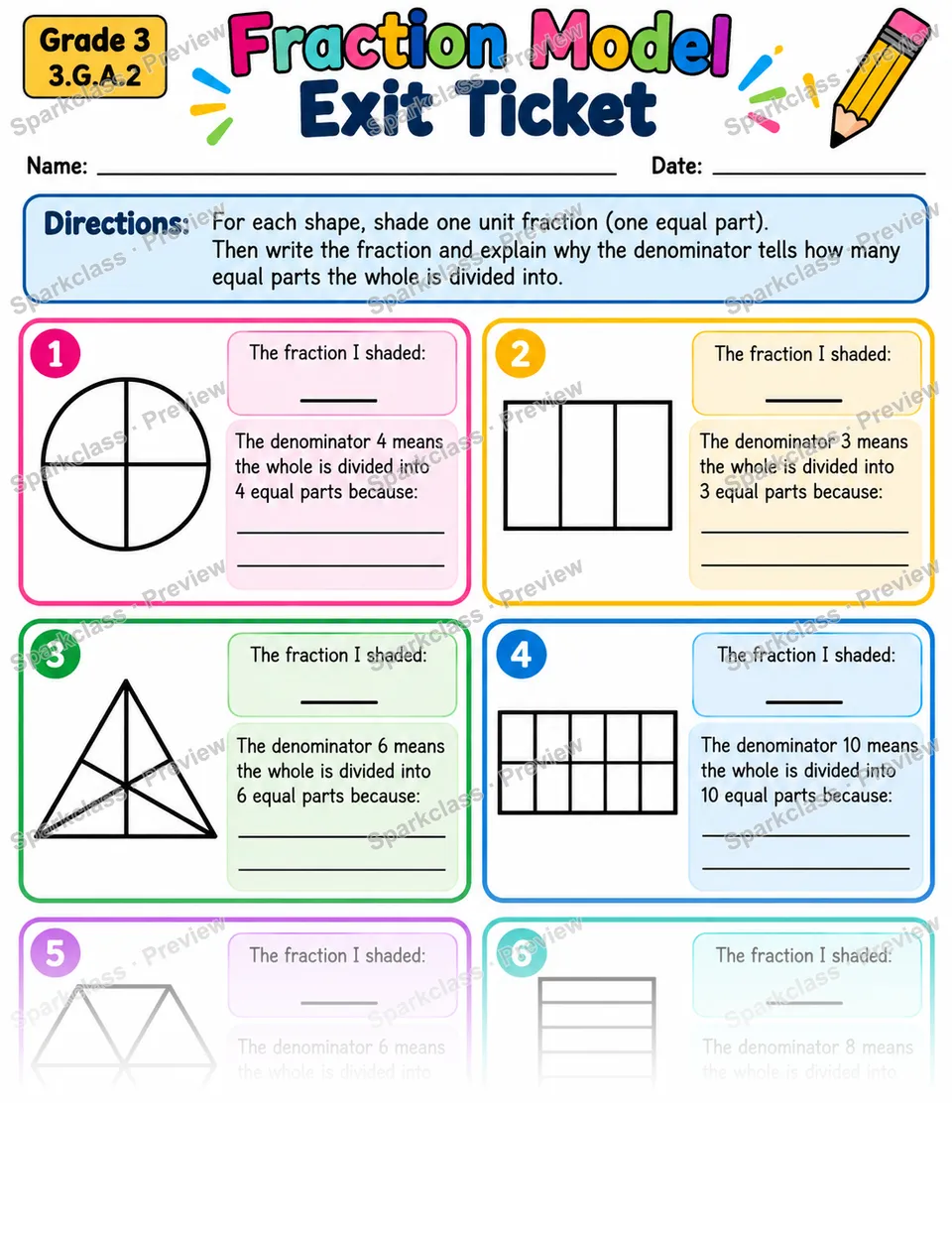 Fraction Model Exit Ticket — Grade 3 worksheet preview
