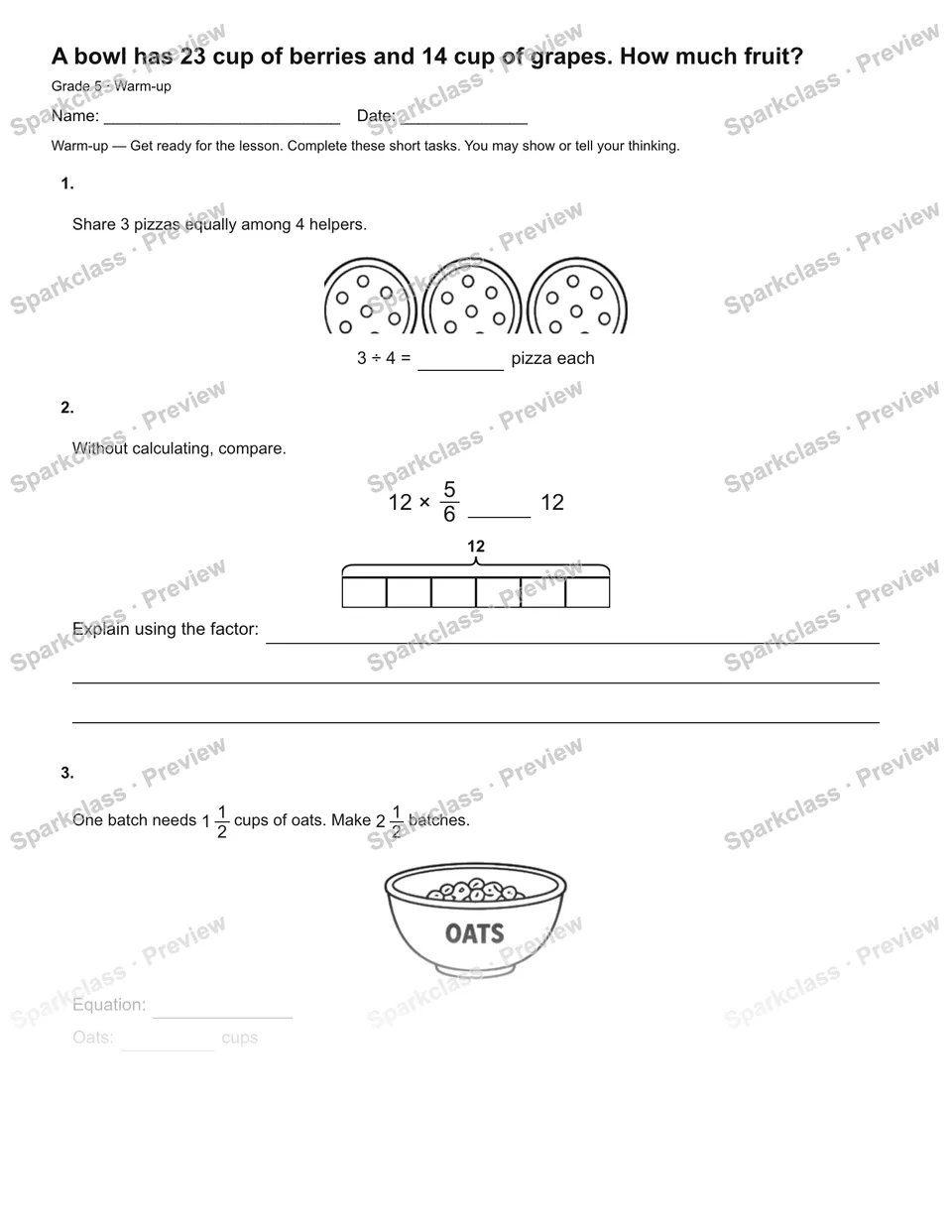 A bowl has 23 cup of berries and 14 cup of grapes. How much fruit? — Warm-up — Grade 5 worksheet preview