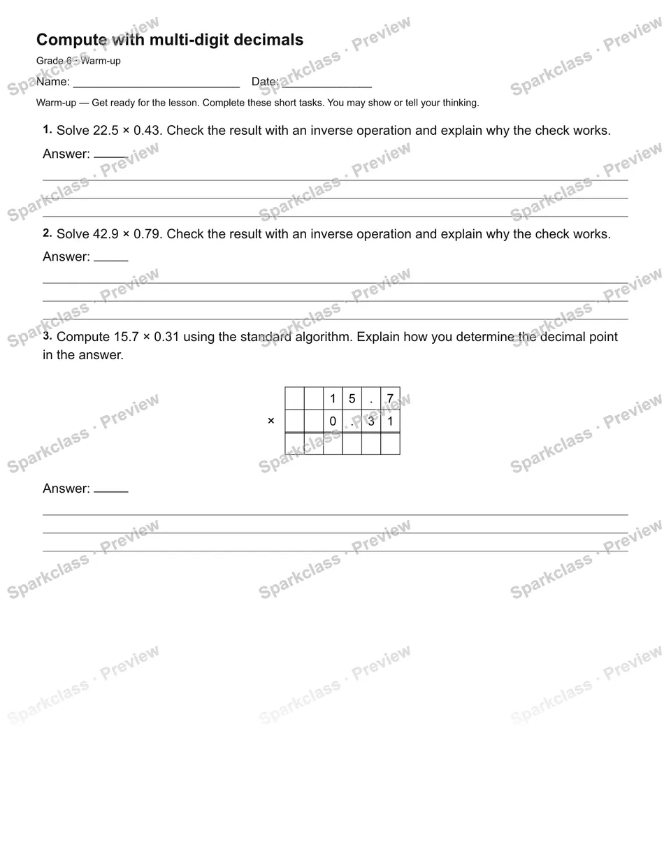 Compute with multi-digit decimals — Warm-up — page 2