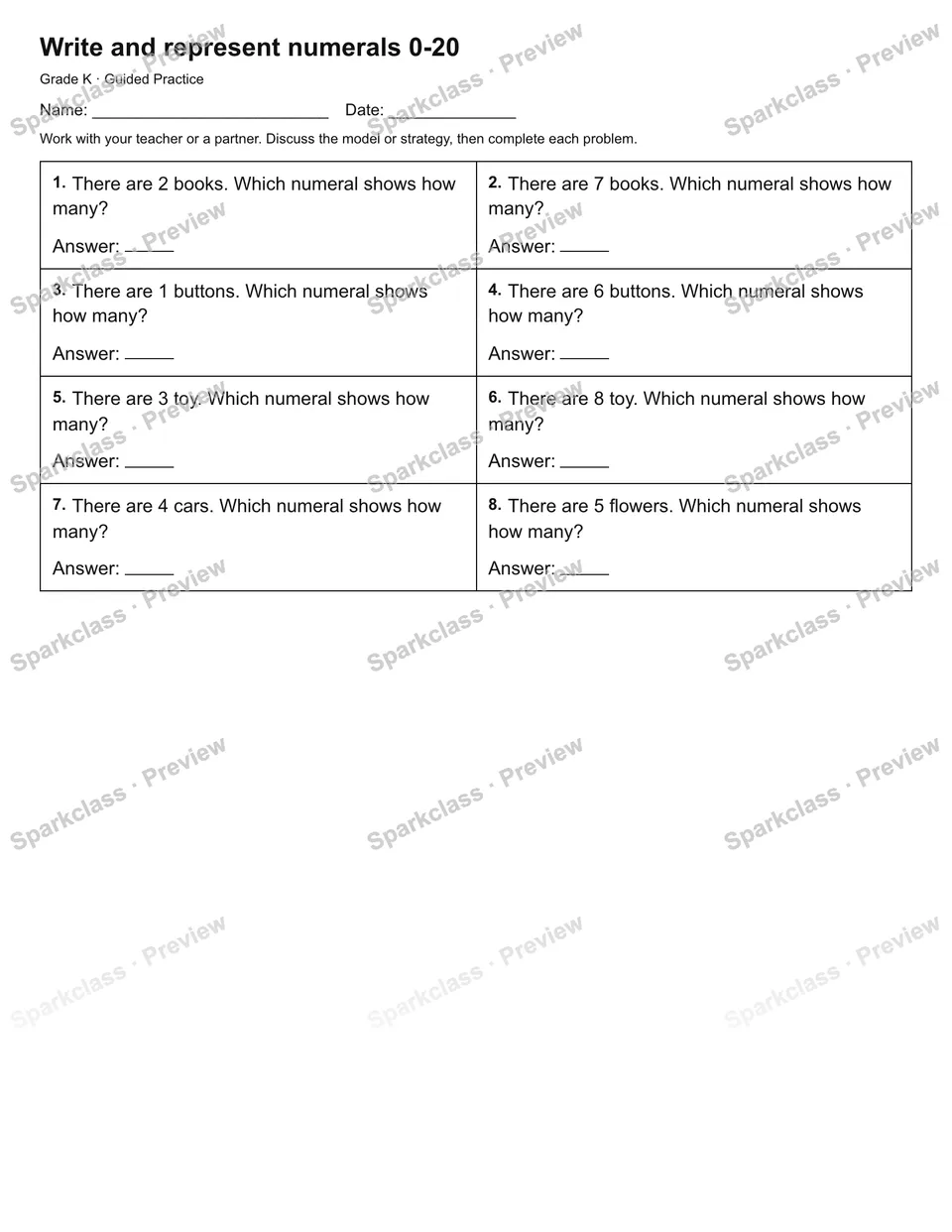 Write and represent numerals 0-20 — Guided Practice — Kindergarten worksheet preview