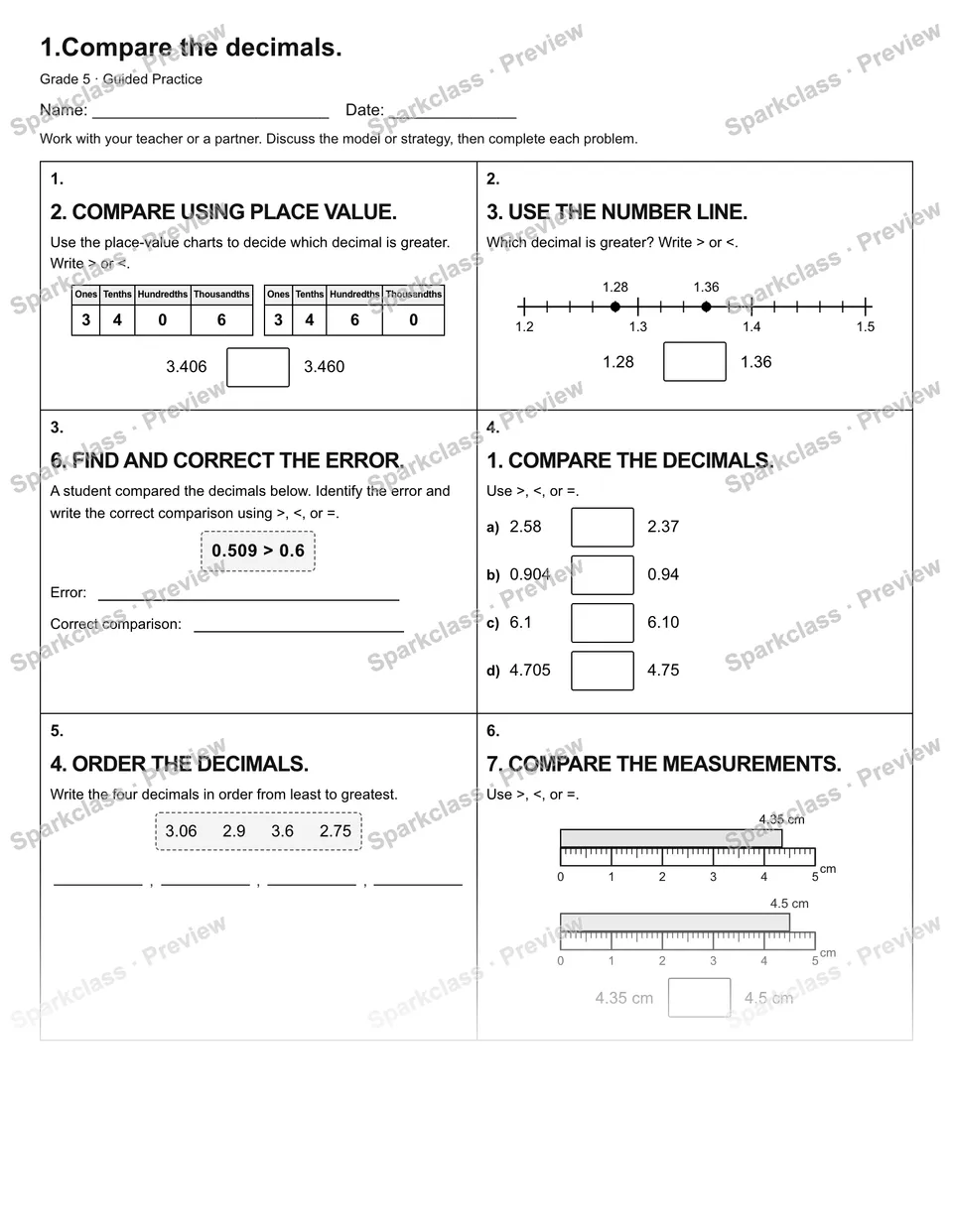 1.Compare the decimals. — Guided Practice — Grade 5 worksheet preview