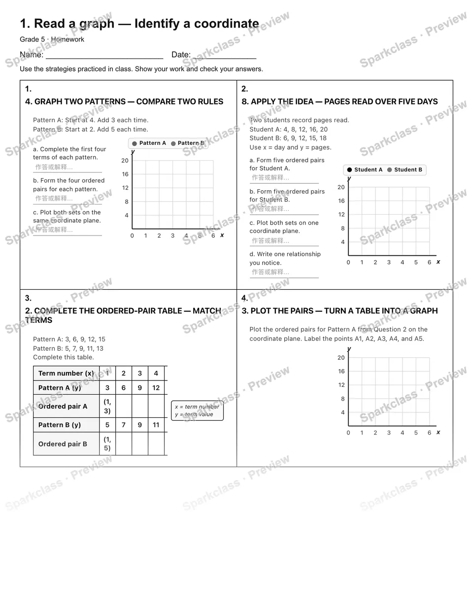 1. Read a graph — Identify a coordinate — Homework — Grade 5 worksheet preview