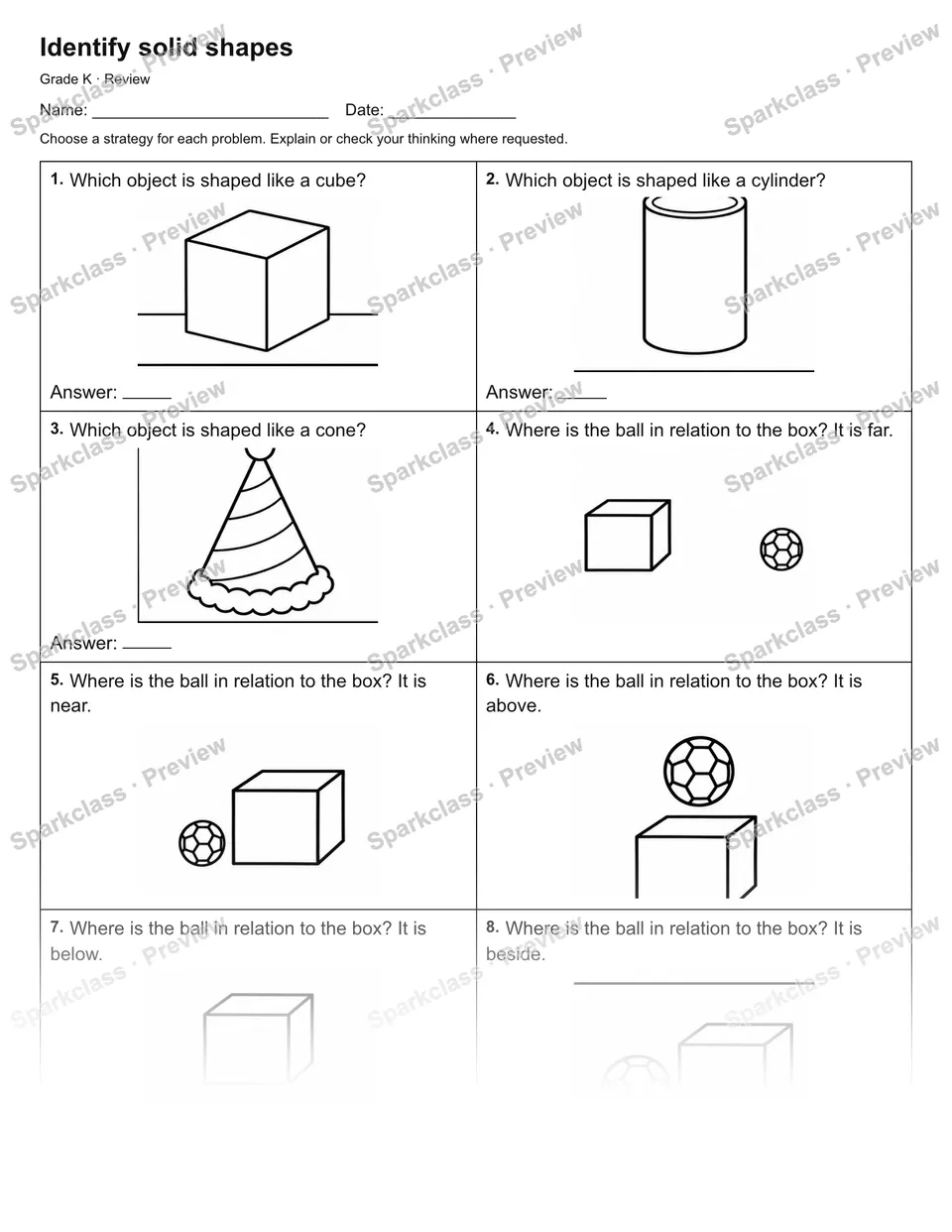 Identify solid shapes — Review — Kindergarten worksheet preview
