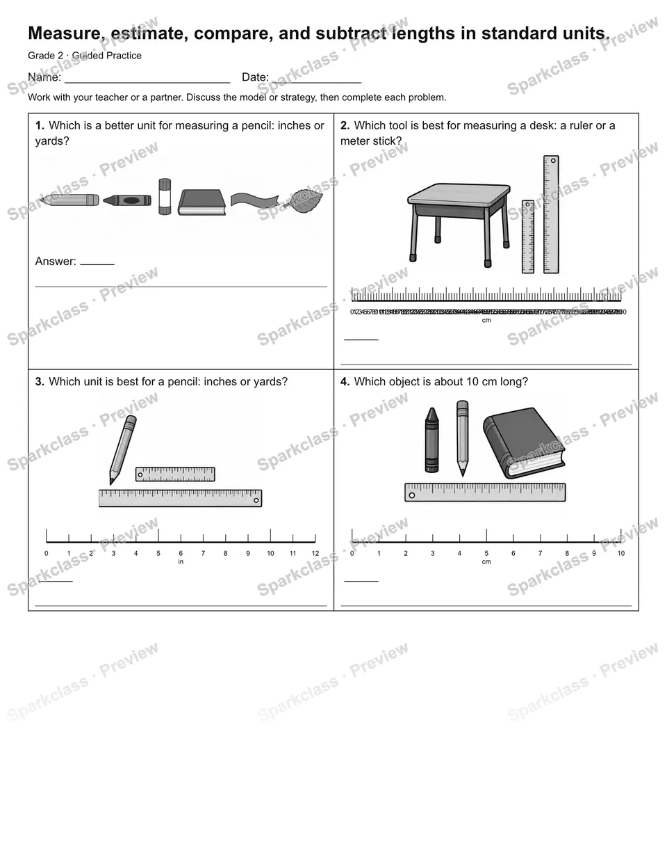 Measure, estimate, compare, and subtract lengths in standard units. — Guided Practice — Grade 2 worksheet preview