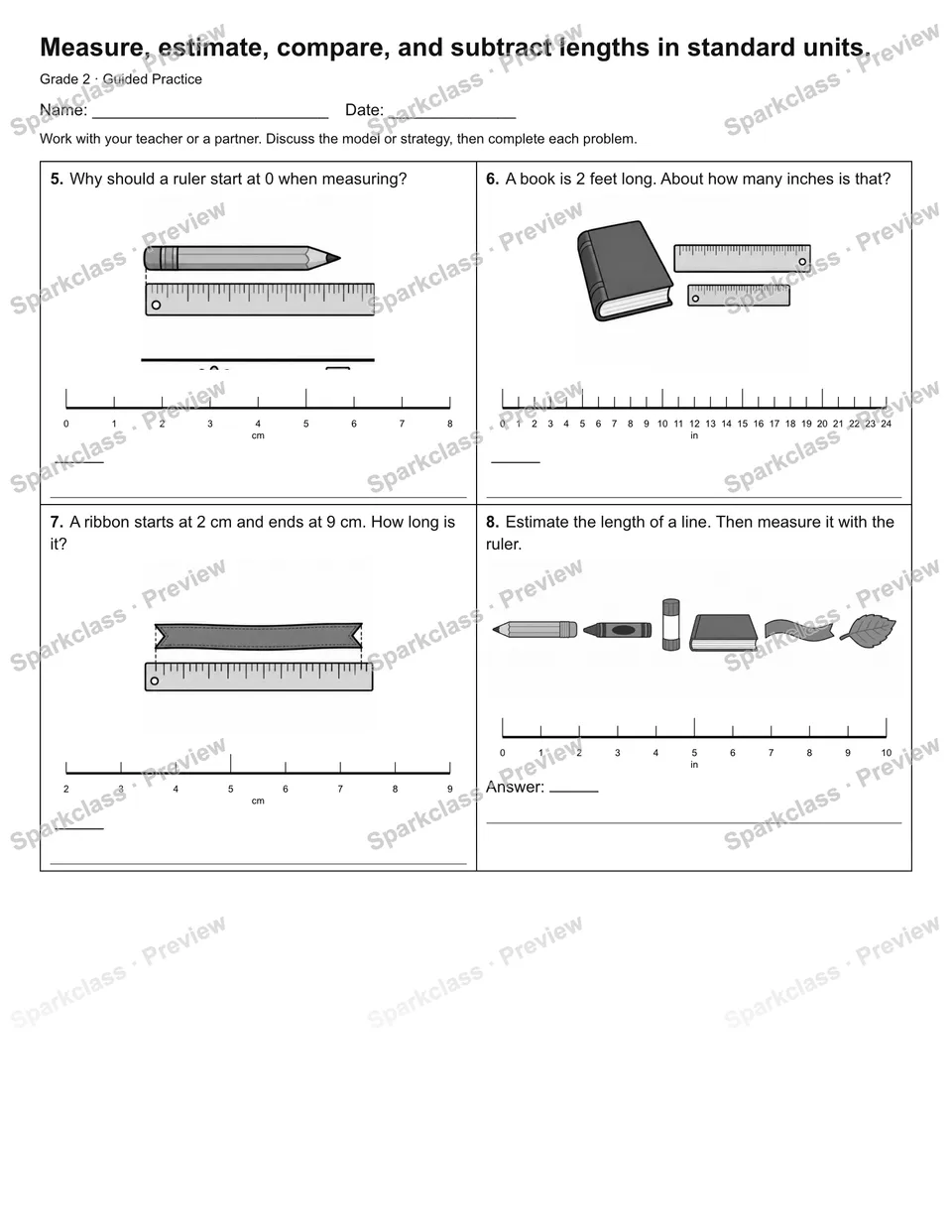 Measure, estimate, compare, and subtract lengths in standard units. — Guided Practice — page 2