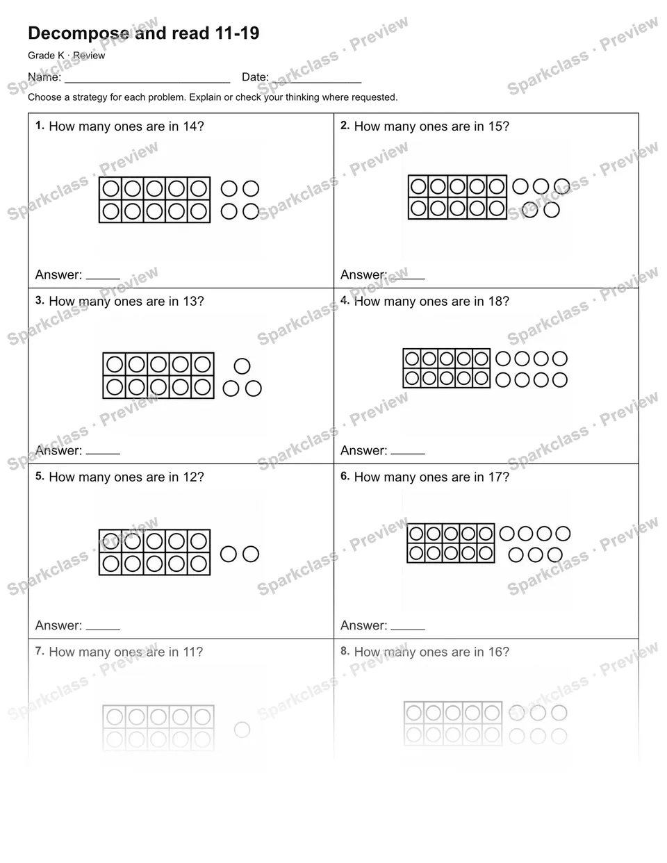 Decompose and read 11-19 — Review — Kindergarten worksheet preview