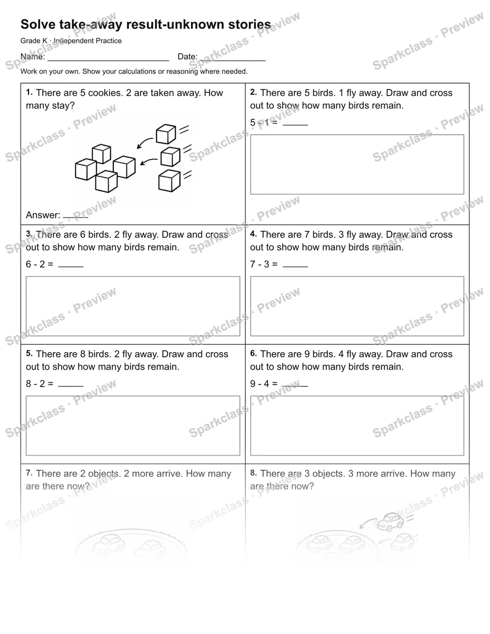 Solve take-away result-unknown stories — Independent Practice — Kindergarten worksheet preview