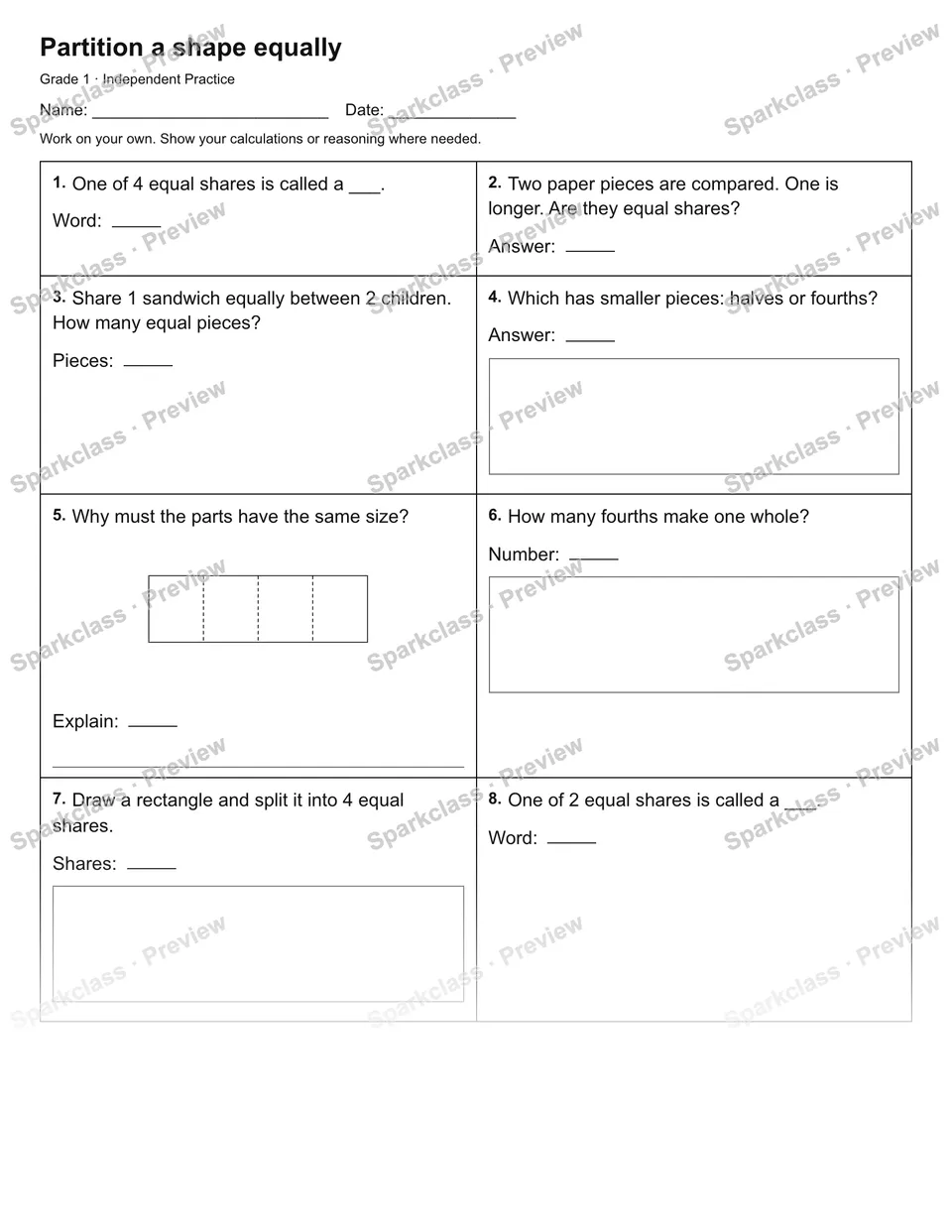 Partition a shape equally — Independent Practice — Grade 1 worksheet preview