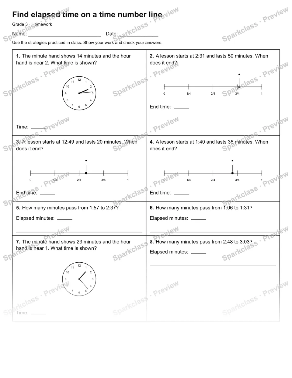 Find elapsed time on a time number line — Homework — Grade 3 worksheet preview