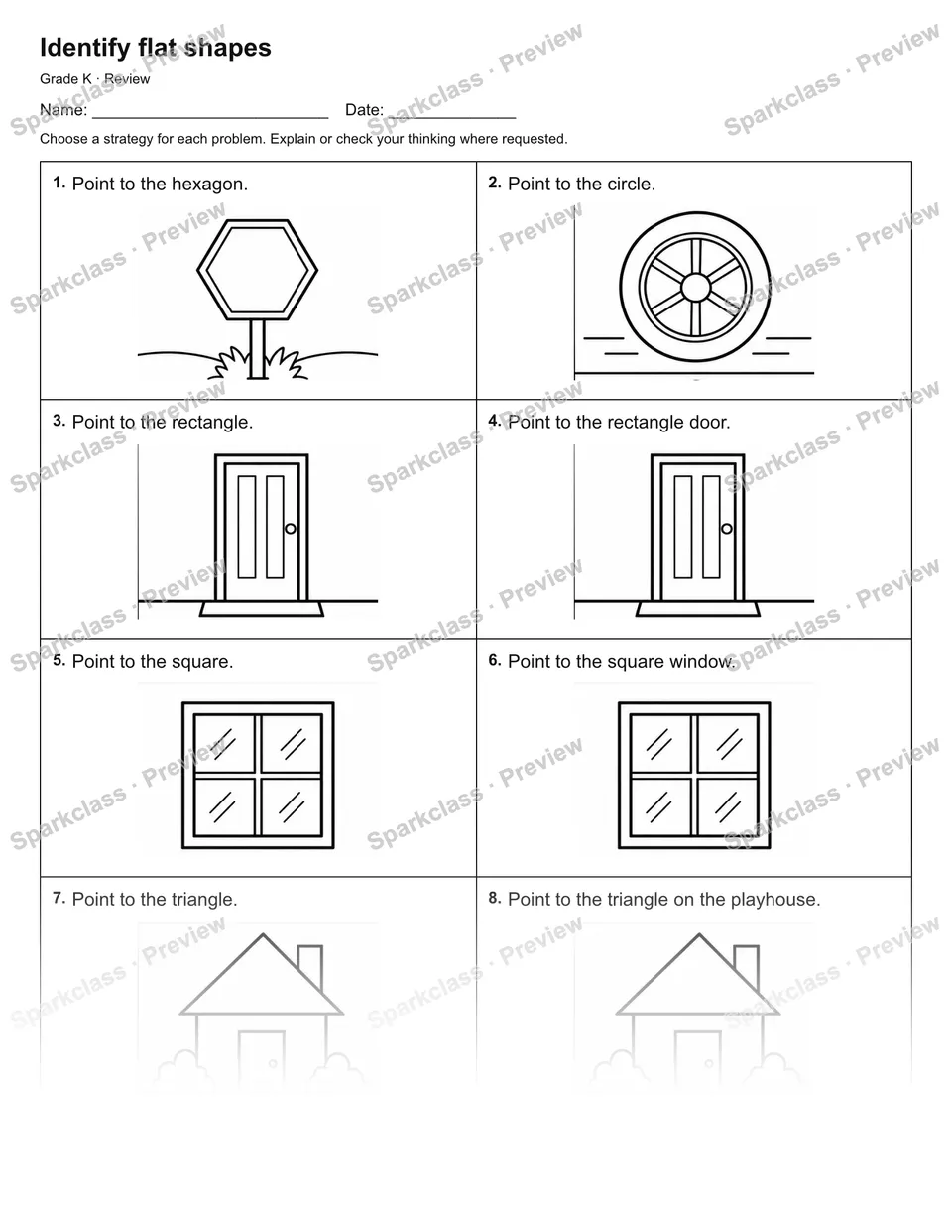 Identify flat shapes — Review — Kindergarten worksheet preview