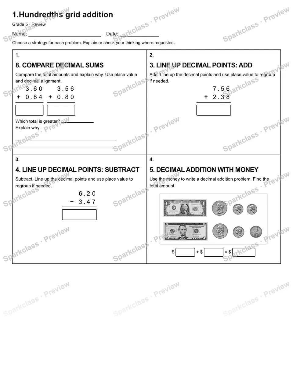 1.Hundredths grid addition — Review — Grade 5 worksheet preview