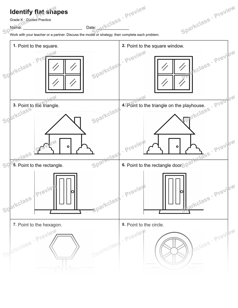 Identify flat shapes — Guided Practice — Kindergarten worksheet preview