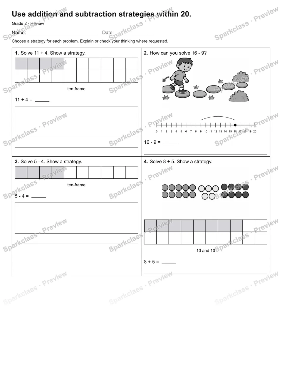 Use addition and subtraction strategies within 20. — Review — Grade 2 worksheet preview