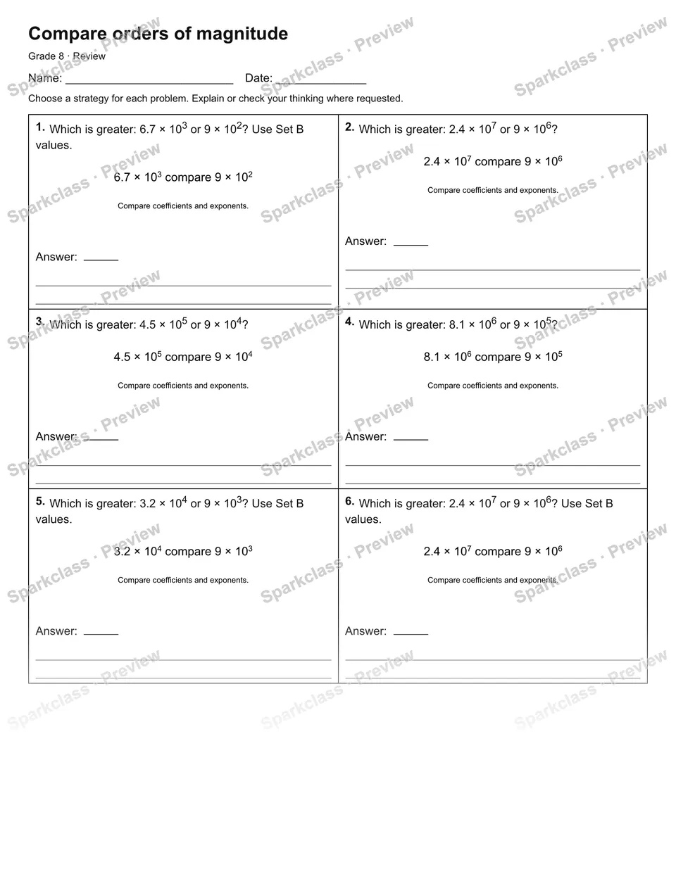 Compare orders of magnitude — Review — Grade 8 worksheet preview