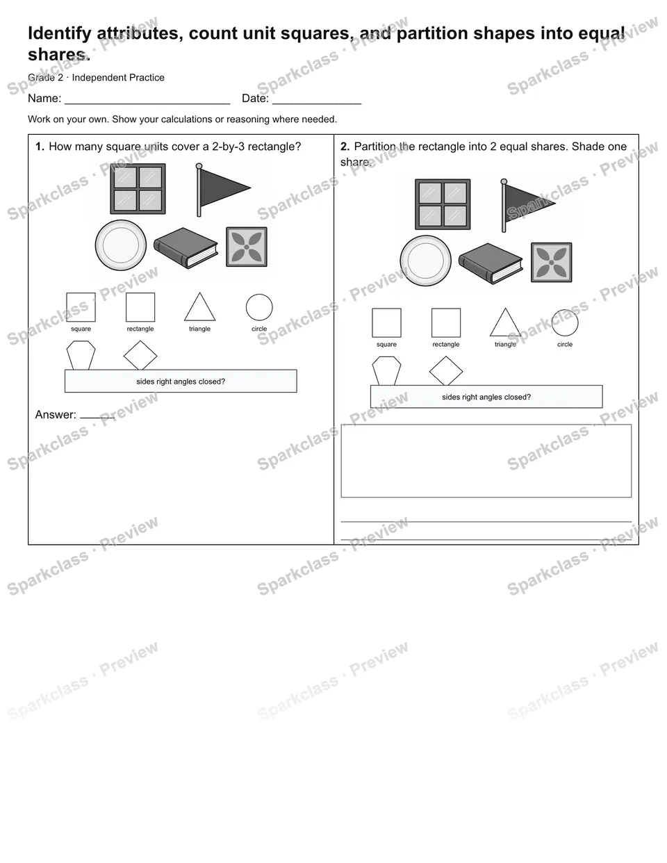 Identify attributes, count unit squares, and partition shapes into equal shares. — Independent Practice — Grade 2 worksheet preview