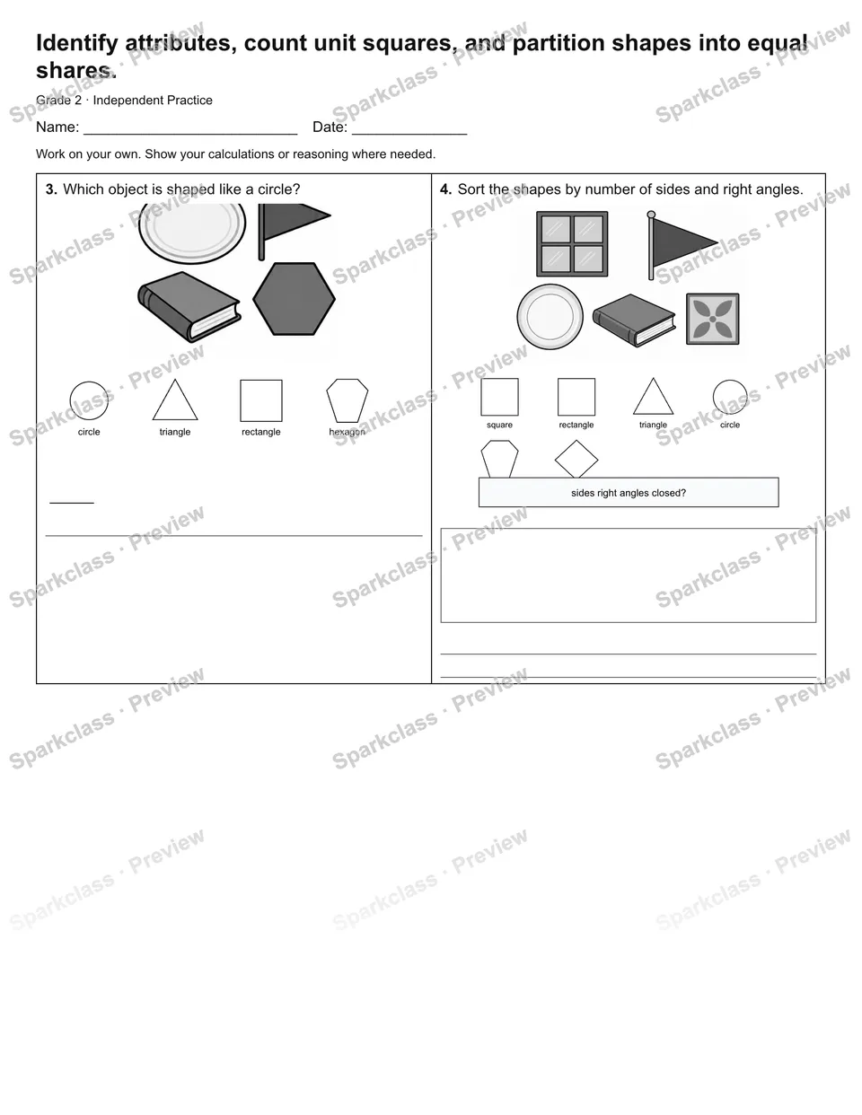 Identify attributes, count unit squares, and partition shapes into equal shares. — Independent Practice — page 2