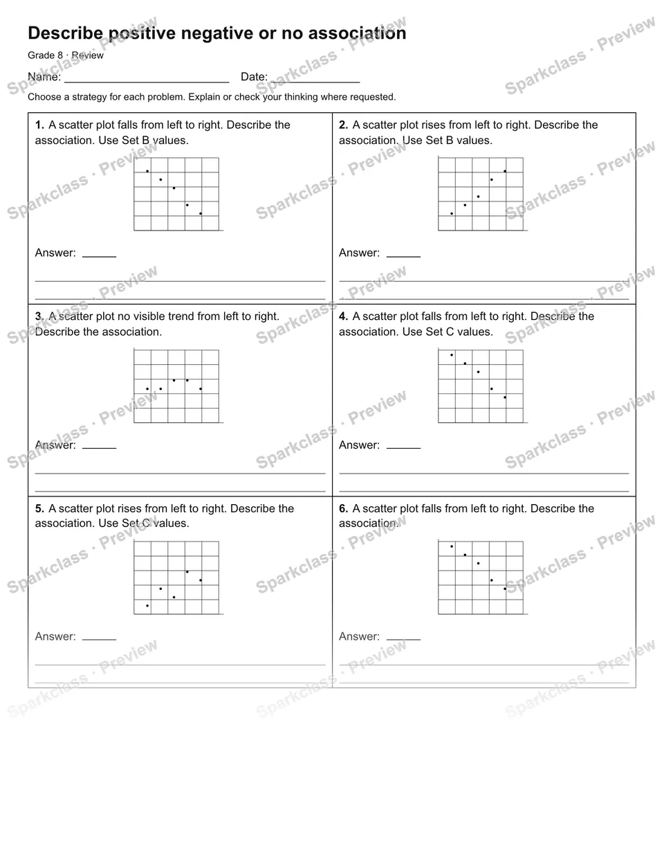 Describe positive negative or no association — Review — Grade 8 worksheet preview
