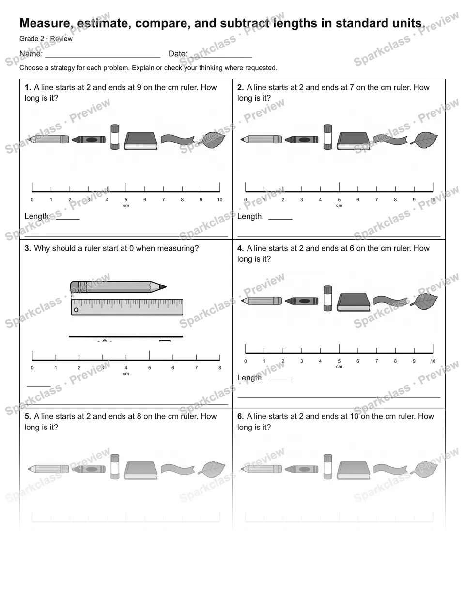Measure, estimate, compare, and subtract lengths in standard units. — Review — Grade 2 worksheet preview