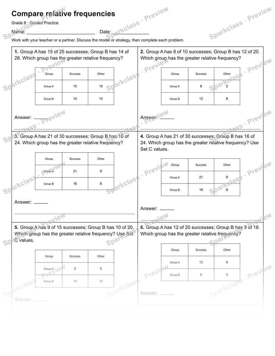 Compare relative frequencies — Guided Practice — Grade 8 worksheet preview
