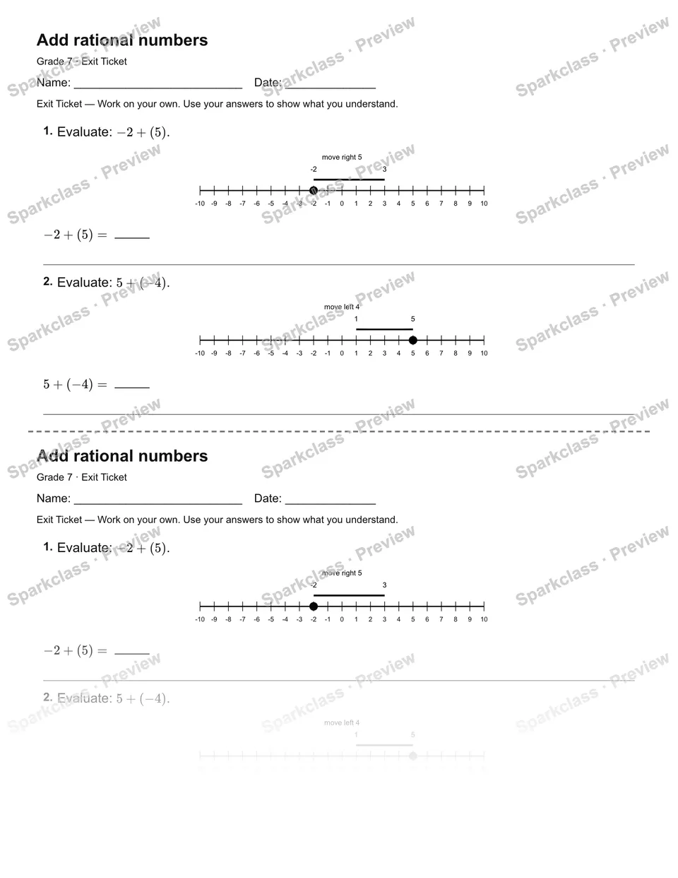 Add rational numbers — Exit Ticket — Grade 7 worksheet preview